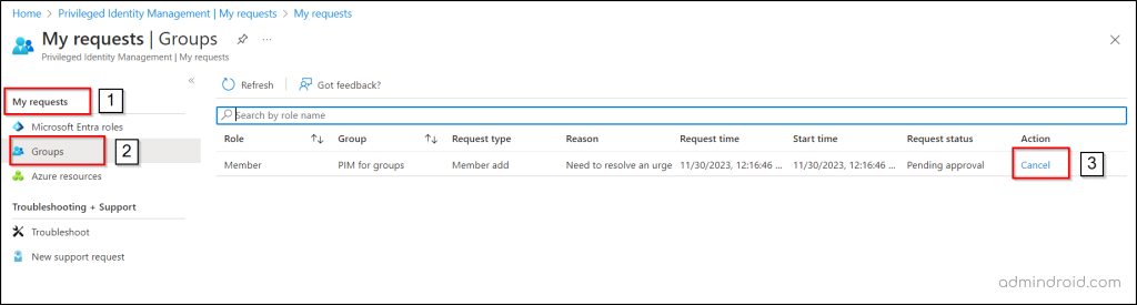 View or cancel activation requests in Privileged Identity Management for Groups