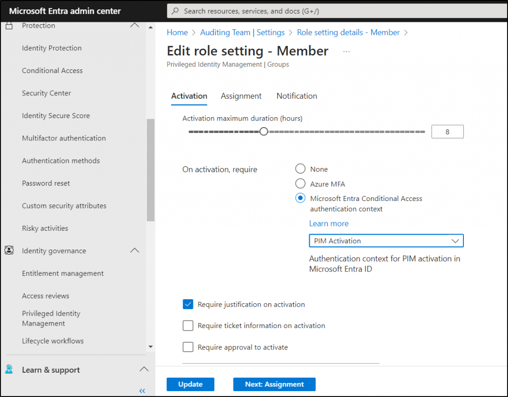 Integration of Conditional Access authentication context with PIM 