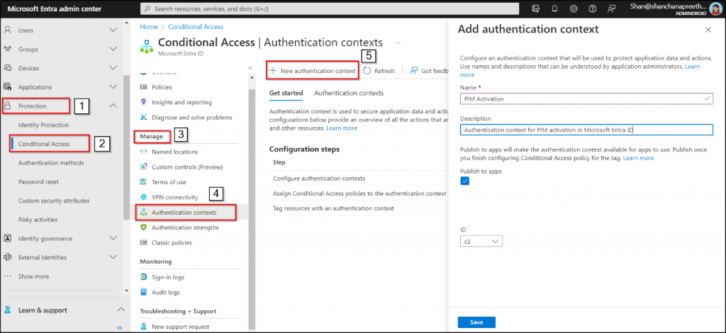 Create authentication context for integrating Conditional Access in Privileged identity management