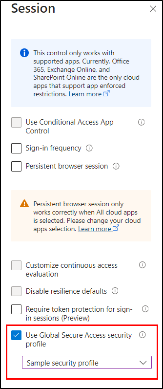 Configure security profile in Conditional Access Policies