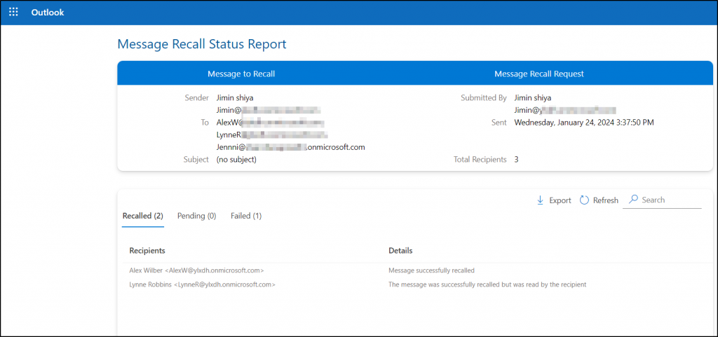 Email recall status report 