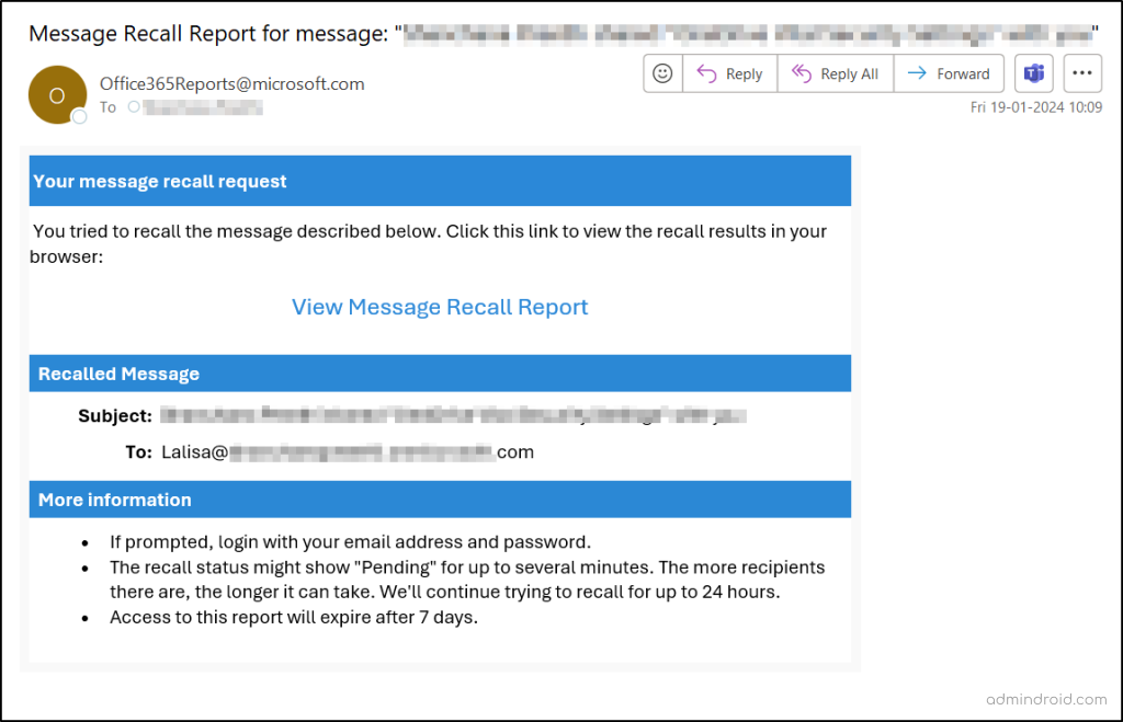 Recall status report in Outlook