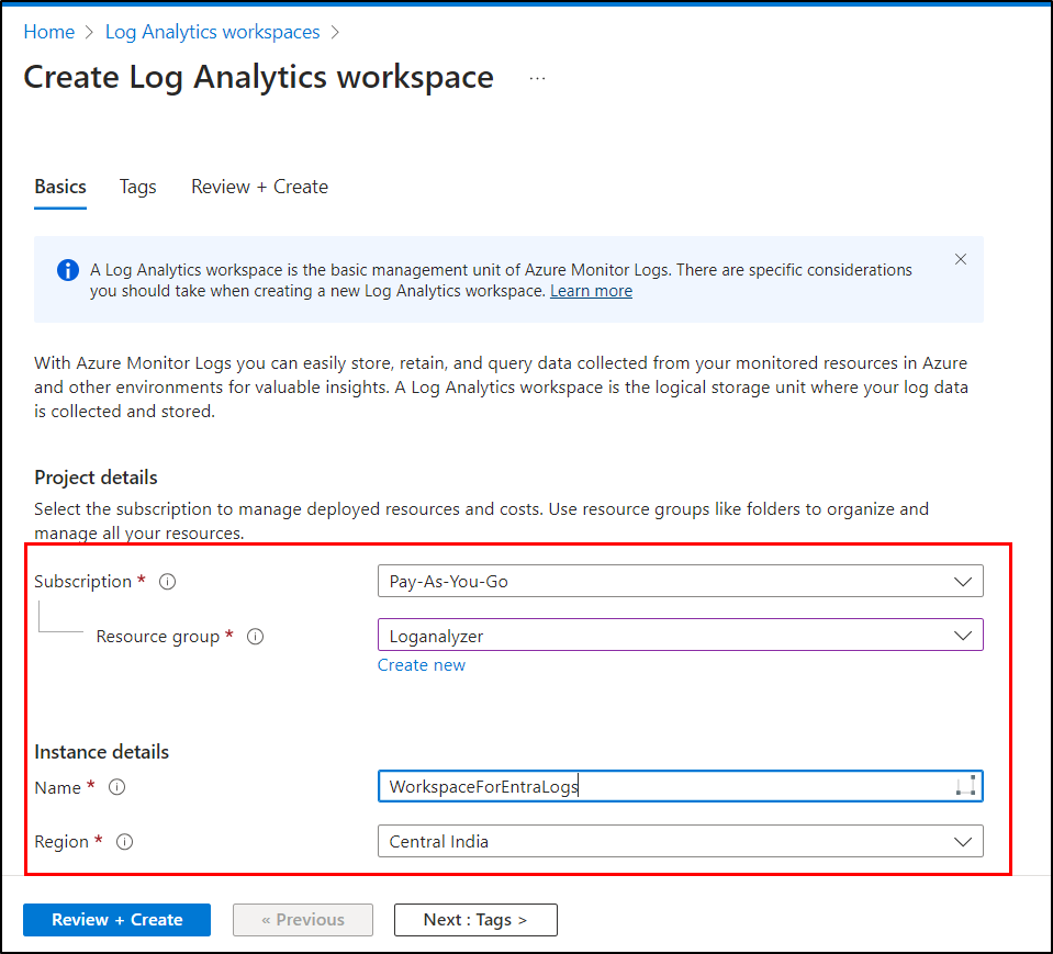 Create a Log Analytics Workspace to use Microsoft Entra workbooks