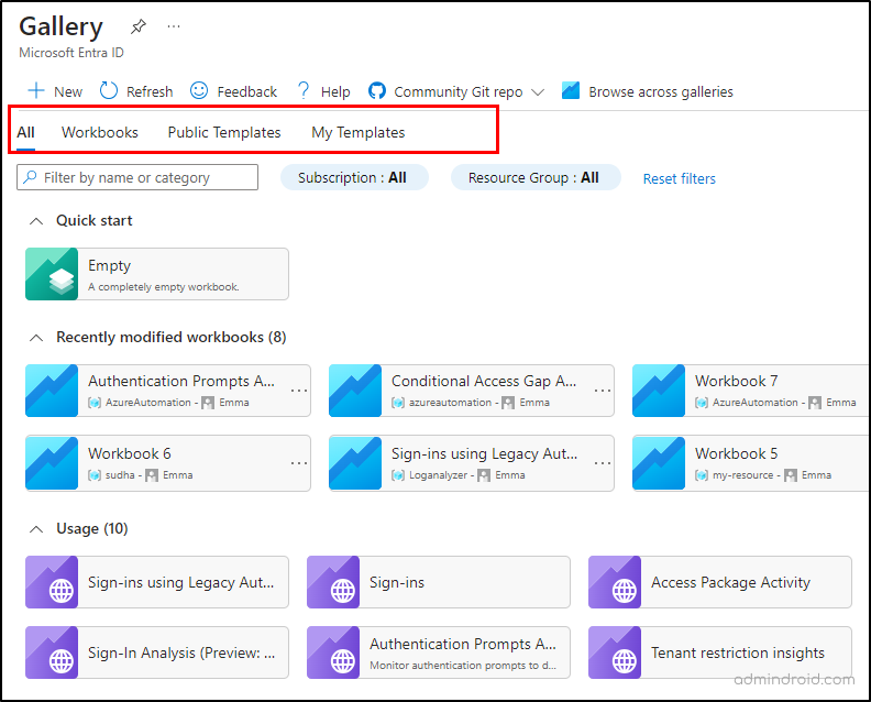 Microsoft Entra Workbook Gallery Page