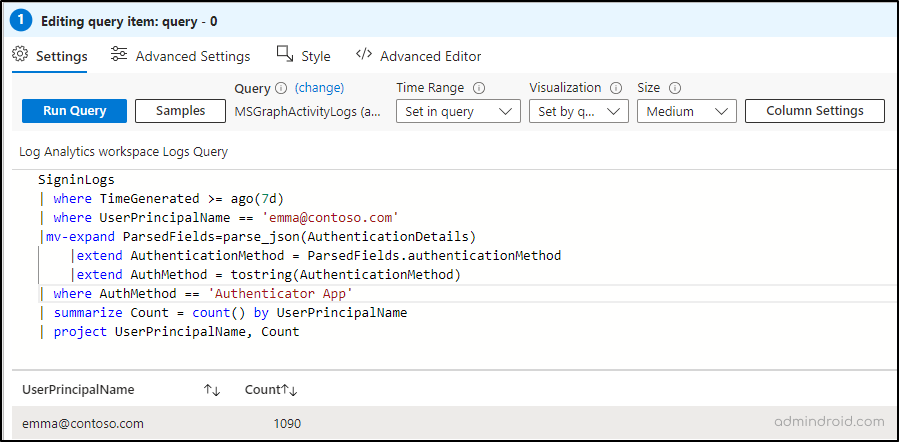 Query component in authentication prompts analysis workbook