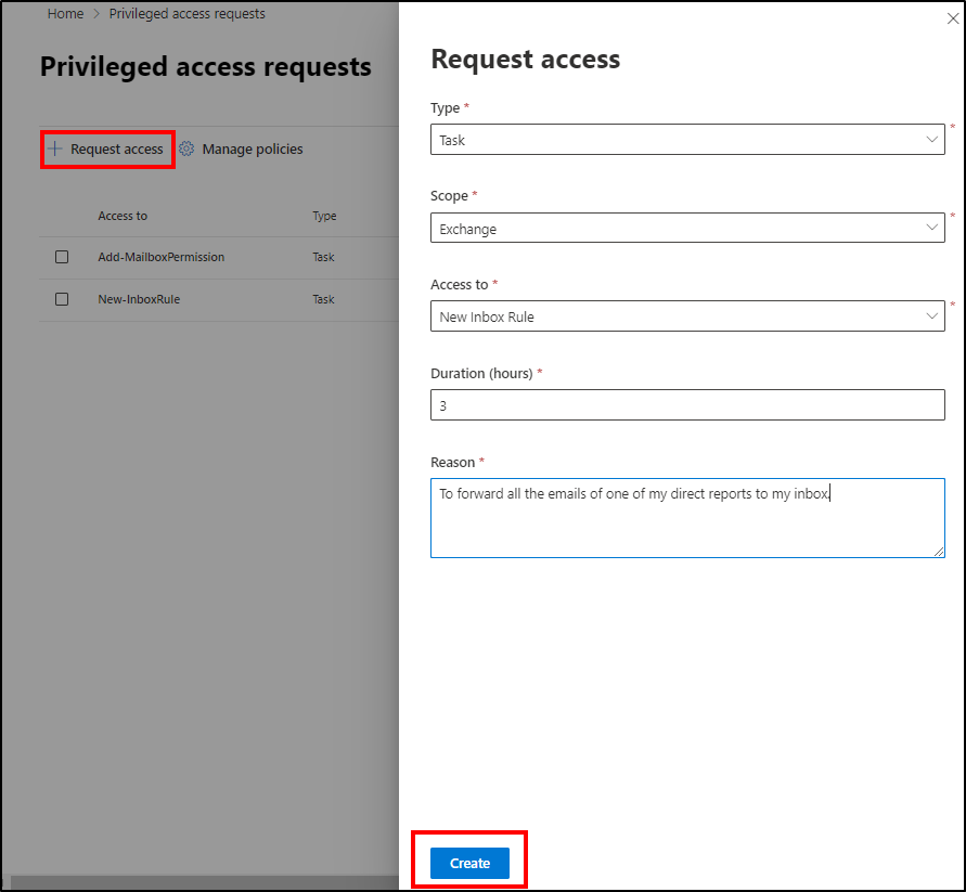 Create privileged access requests - privileged access management