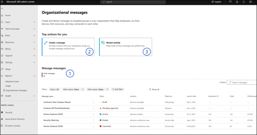 Organizational Messages in Microsoft 365 admin center