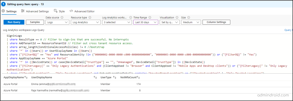 Query for Multi-factor authentication workbook