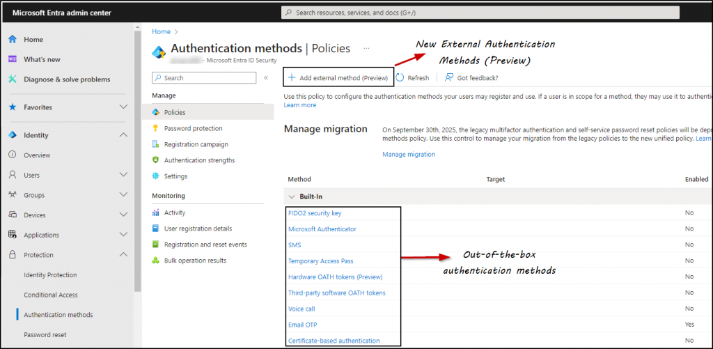 Configure External Authentication Methods using Entra Admin Center