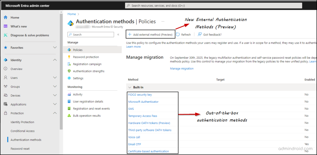 Configure External Authentication Methods using Entra Admin Center