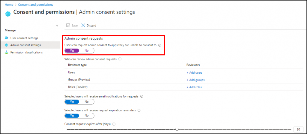 Admin consent request settings