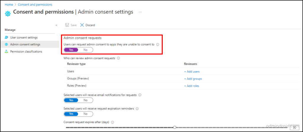 Admin consent request settings