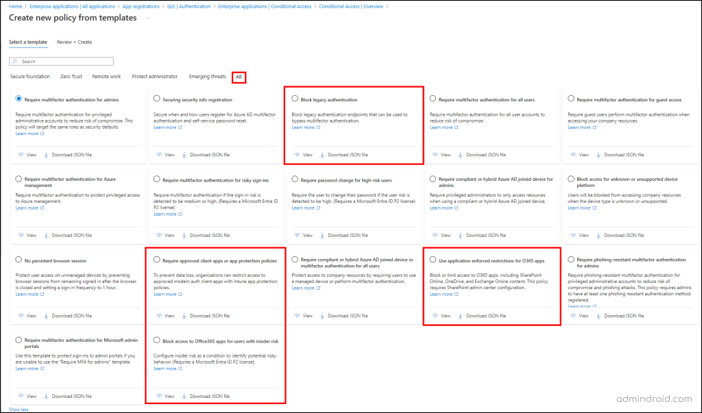 CA policy templates for apps