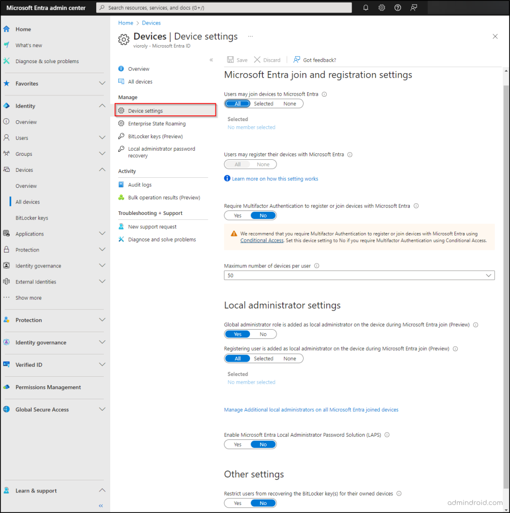 Device Identity Settings in Entra