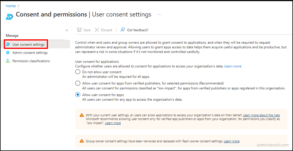 User consent settings