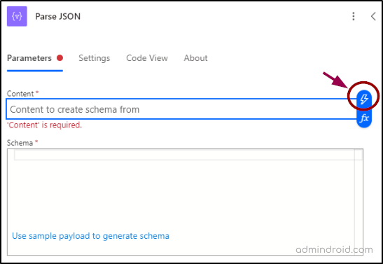 Enter content and schema for Parse JSON