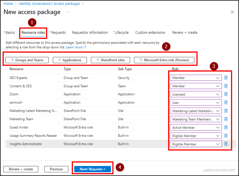 Add resource roles - Access packages in Entra