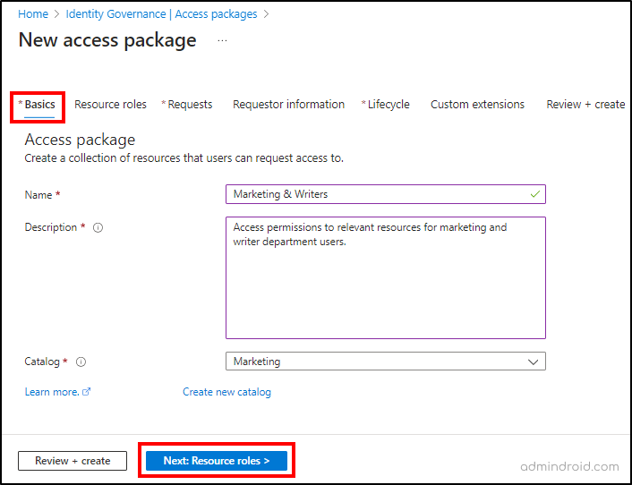 Name and specify catalog - Access packages in Entra