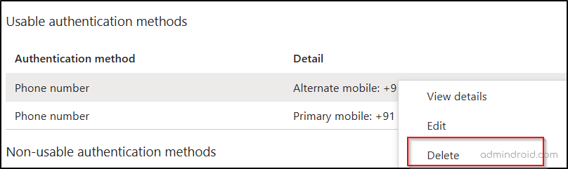 Remove phone authentication using entra admin center