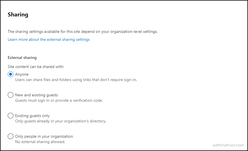 Allow external sharing for specific sharepoint sites using admin center