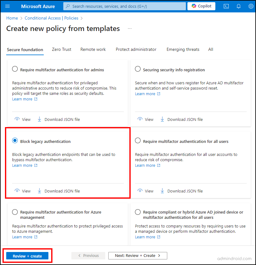 Block legacy authentication CA policy templates - Microsoft Entra ID secure score recommendations