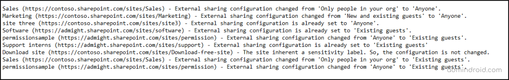 Sample log file - Allow external sharing for specific SharePoint sites