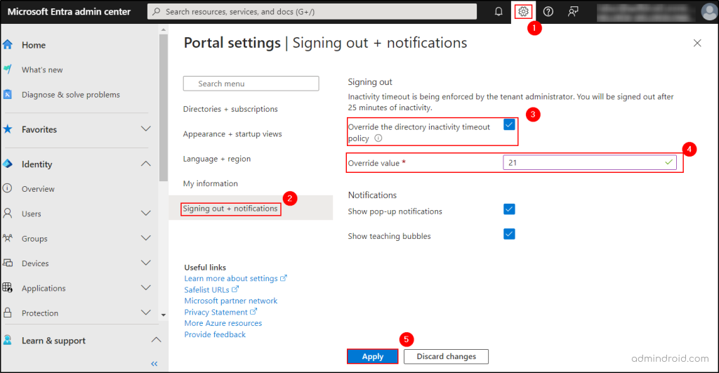 Override Idle Session Timeout Prompt in Entra Portal