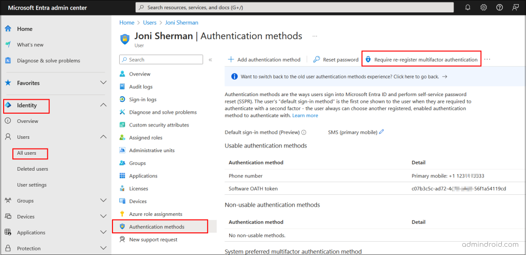 Reset MFA using Entra admin center