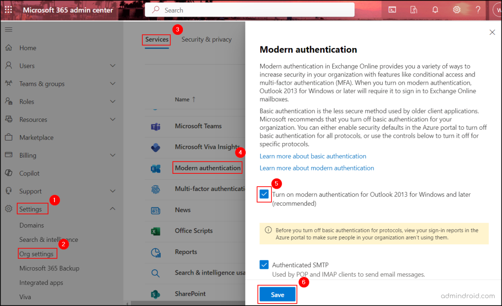 Turn on modern authentication for Exchange Online