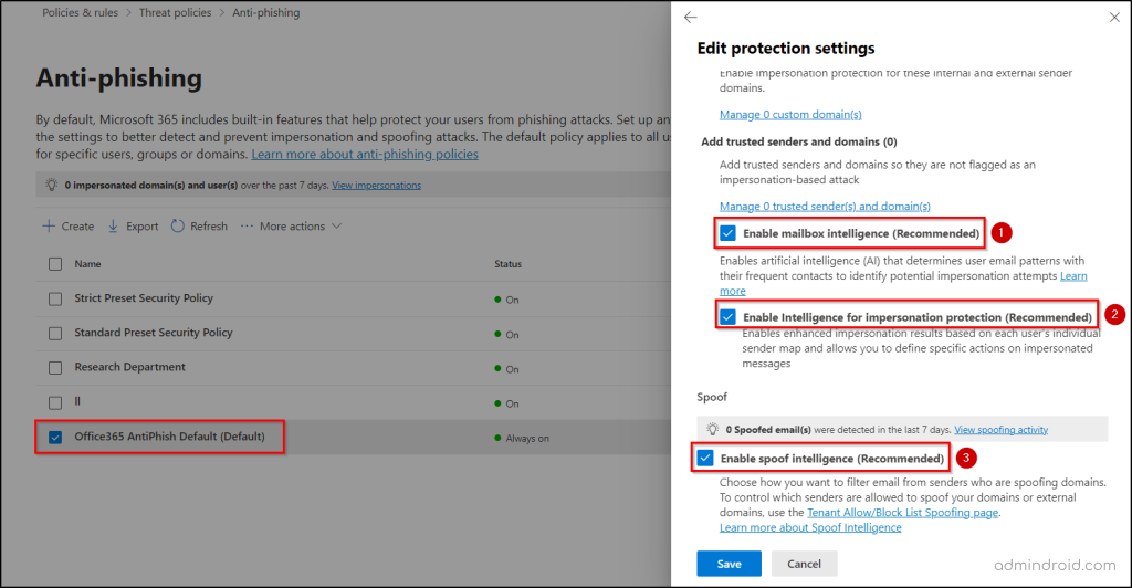 Anti-phishing policy in Microsoft Defender