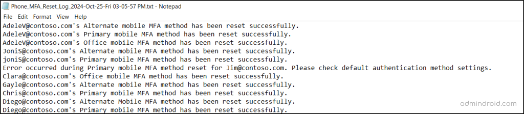 Delete Phone Authentication for Microsoft 365 Users - Log file