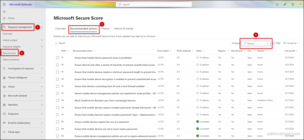 Microsoft Secure Score device-based recommendations