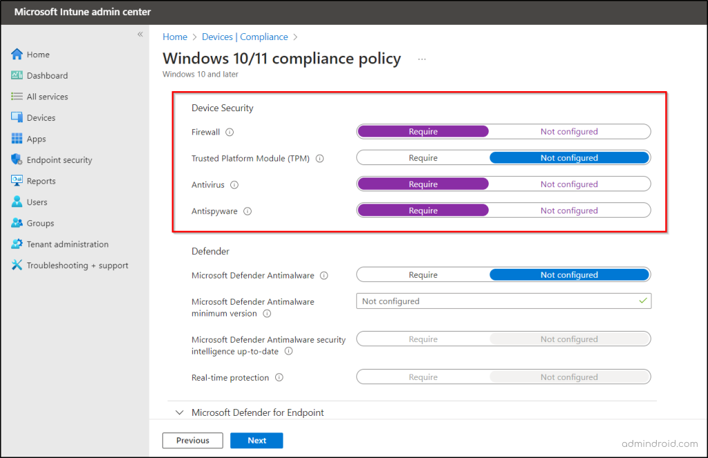 Device compliance policy to enhance Microsoft Secure Score for devices. 