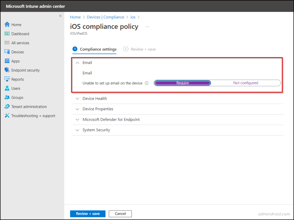 MDM policy for email profiles to improve Microsoft Secure Score for devices