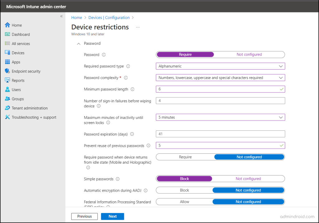 Device password policy in Intune