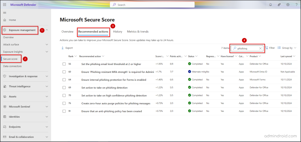 Microsoft Secure Score recommendations for phishing