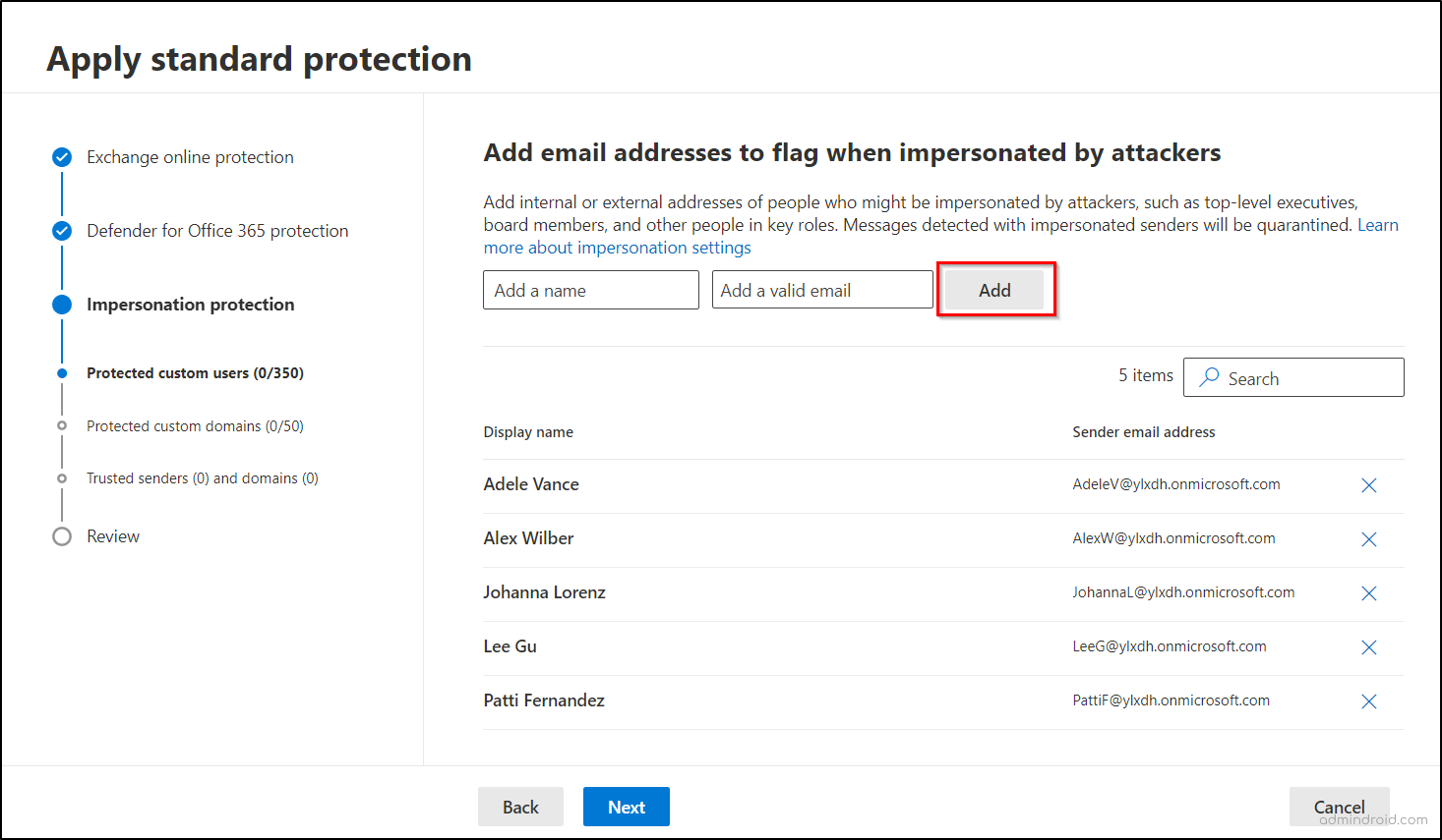 Add users under impersonation protection in Microsoft Defender