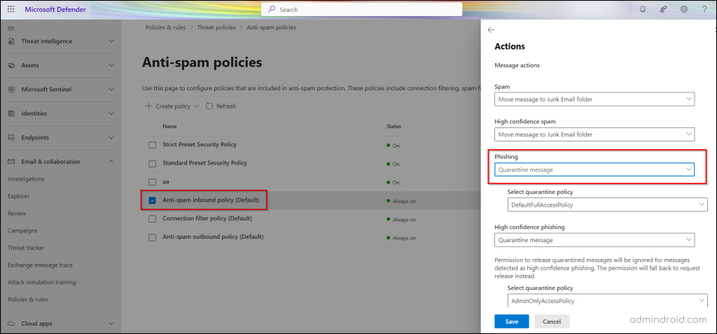 Set phishing message action to quarantine message