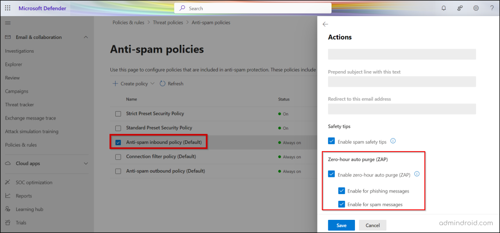 Enable zero-hour auto purge policy for phishing messages