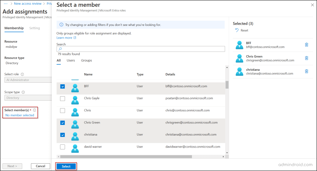 Select users for the role to assign in Microsoft Entra ID