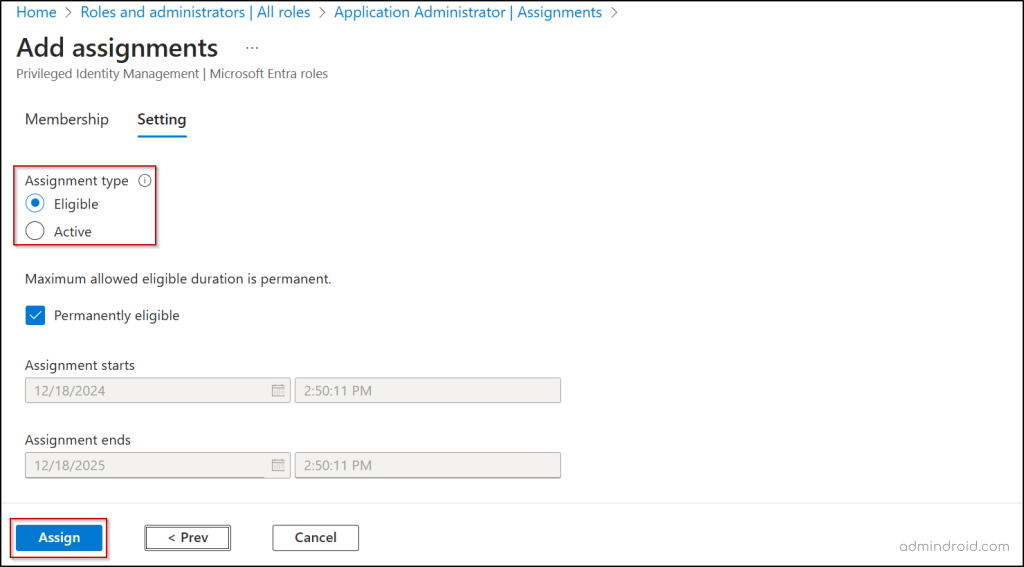 Set assignment type and eligible duration of the role in Microsoft Entra ID