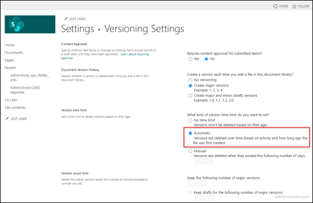 Versioning Settings in SharePoint