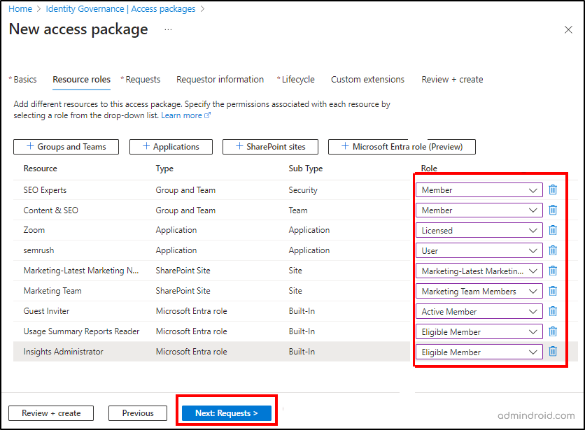 Add roles to access package resources