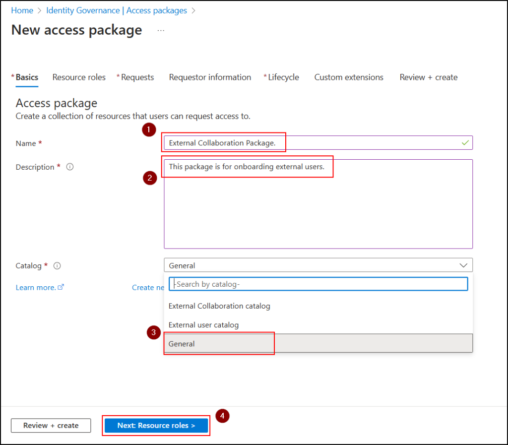 Basic settings for a new Entra access package