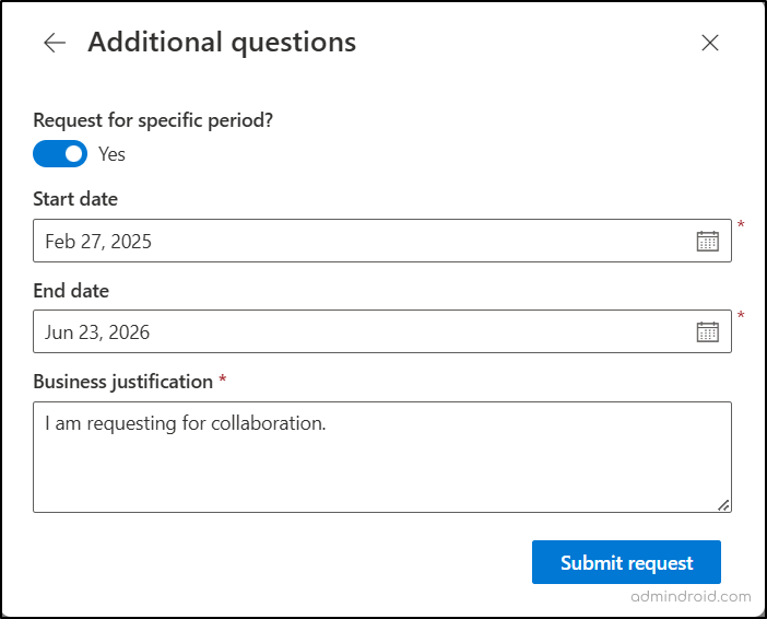 Entra access package request page