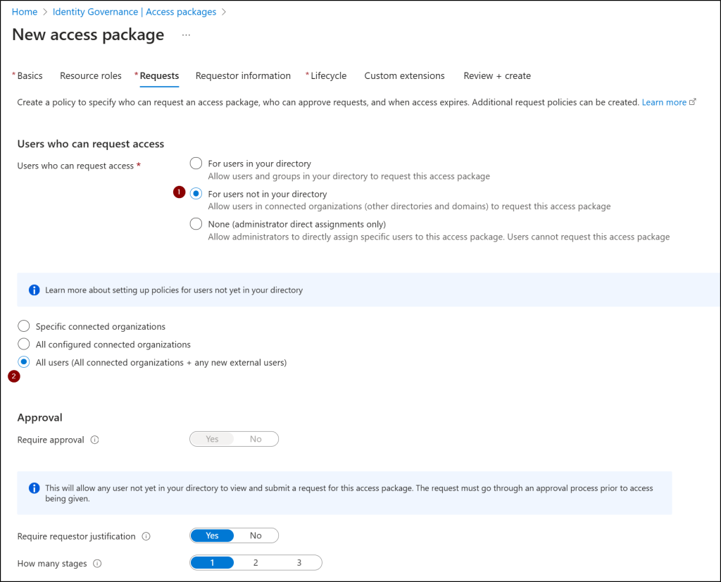 Initial request settings for access package