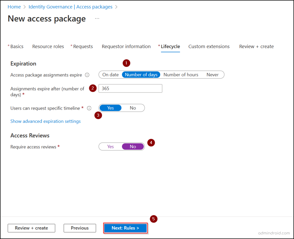 Lifecycle settings for Entra access package