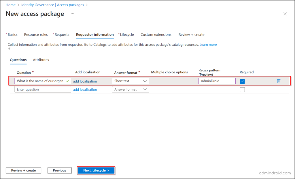 Requestor information for Entra access package