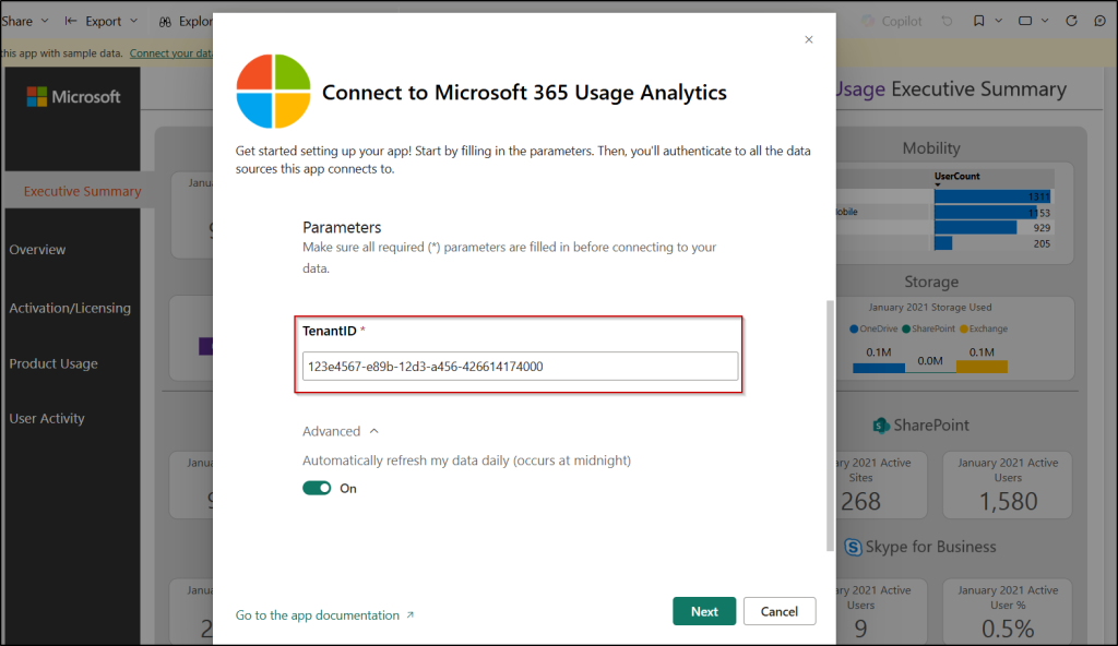 Authenticate Microsoft 365 usage analytics app in Power BI