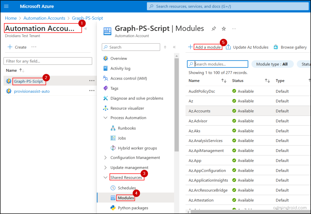 Add MS Graph PowerShell modules to the Azure Automation